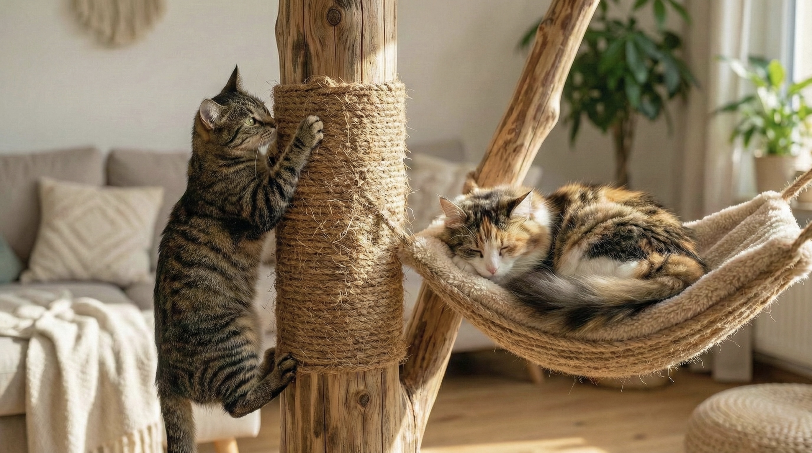 Katze kratzt am Kratzbaum mit Kokosseil - langlebiger Sisalersatz f&uuml;r Kratzb&auml;ume