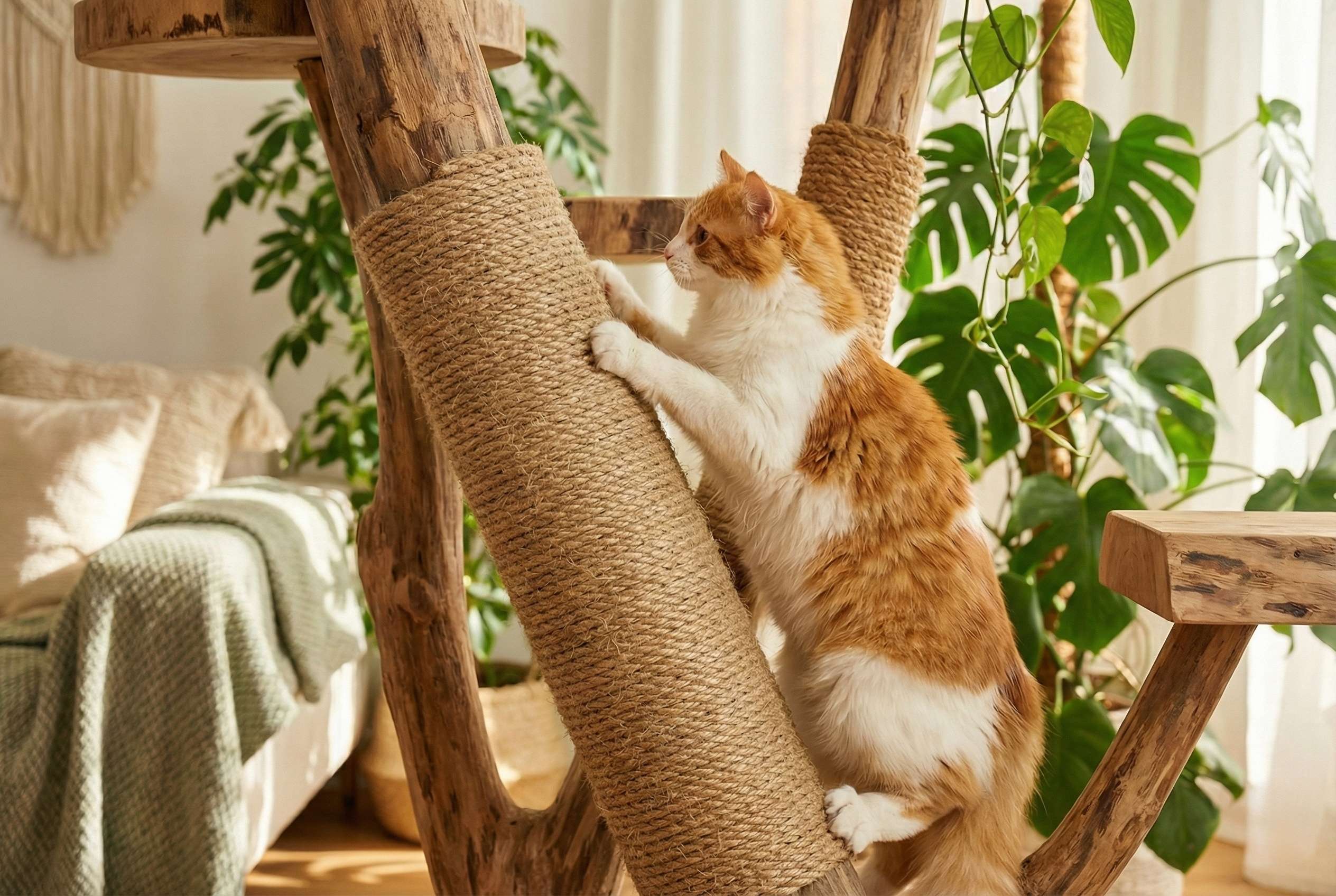 Kokosseil f&uuml;r Kratzbaum - Katze kratzt an Sisalersatz